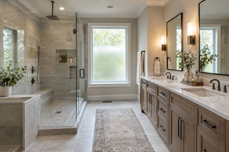 Bathroom with a freestanding tub, a wood vanity, and a glass shower