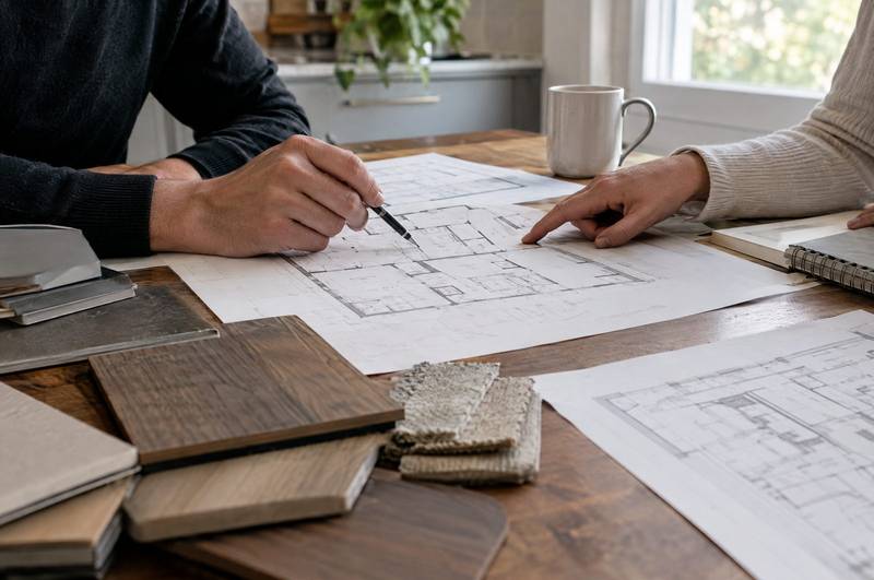 Person at a table reviewing architectural plans and material samples