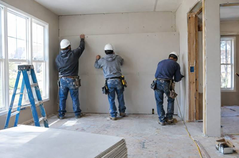 Two workers in hard hats and high-visibility vests reviewing plans at a job site