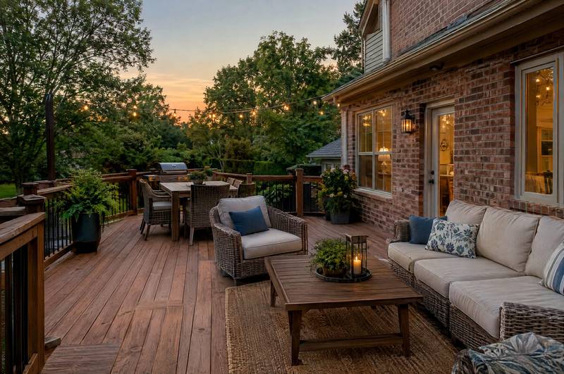 Covered outdoor living area with a wood ceiling, seating, and a built-in grill