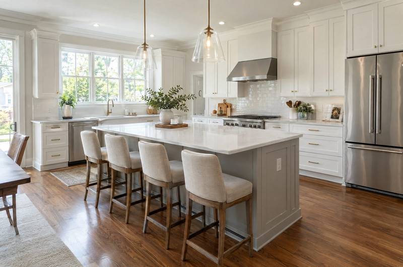 Kitchen with a marble island, a wood range hood, and tall windows onto a wooded yard