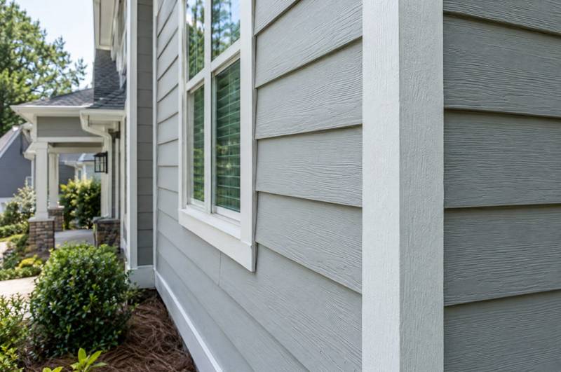 House exterior with light horizontal lap siding, dark window trim, and a covered porch